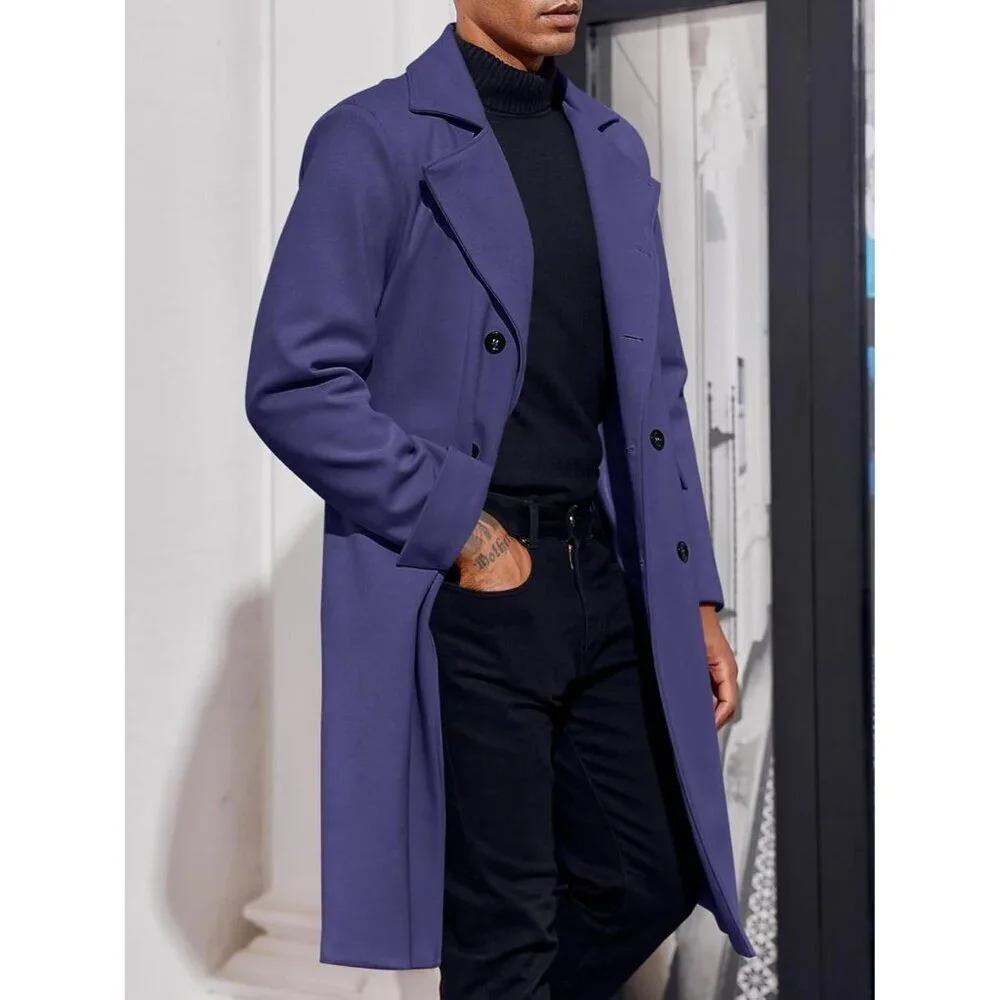 Men's Navy Blue Notch Lapel Double Breasted Trench Coat Cotton Blend Pea coat